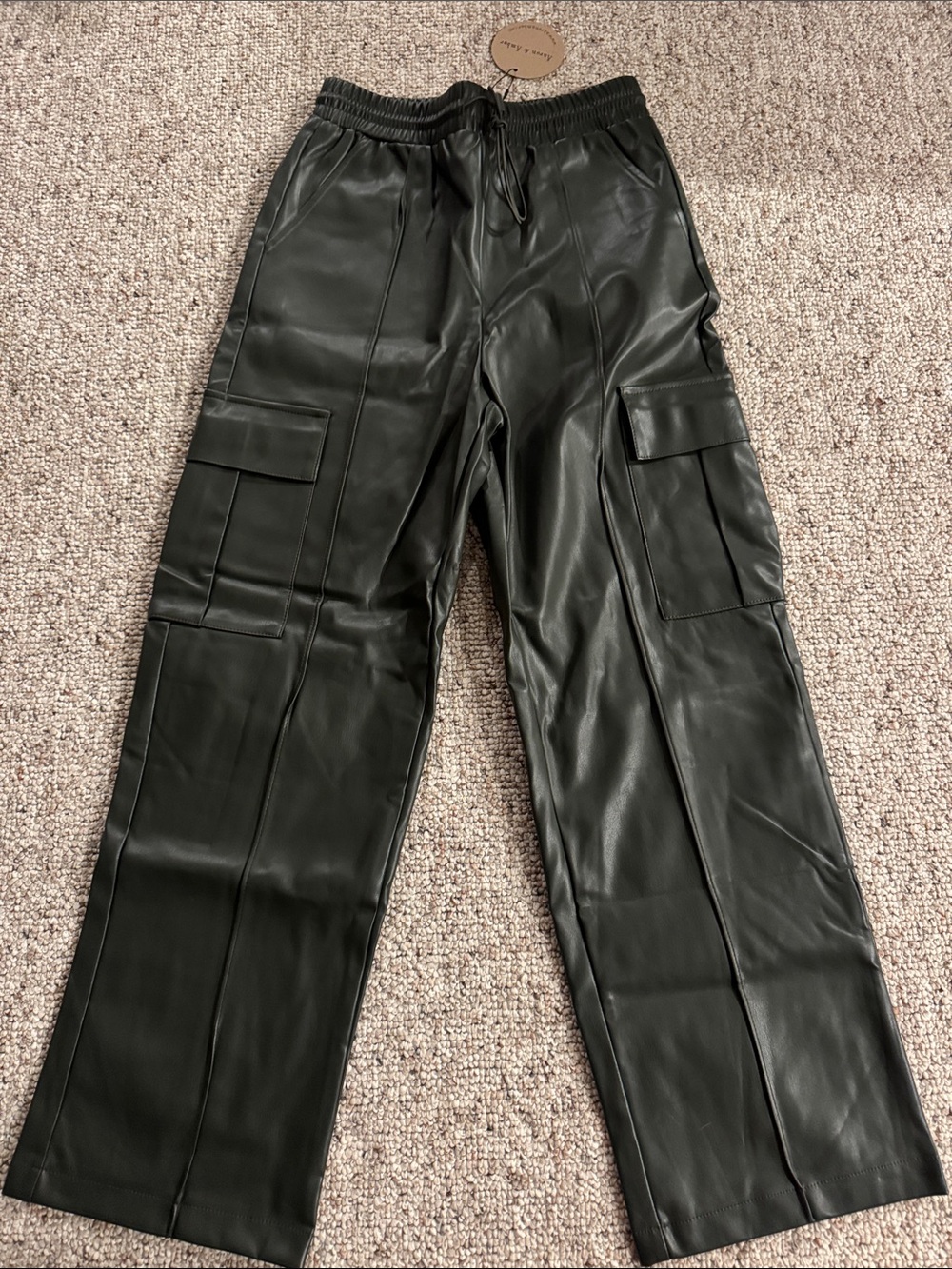 Women’s Faux Leather Cargo Pants in Dark Green